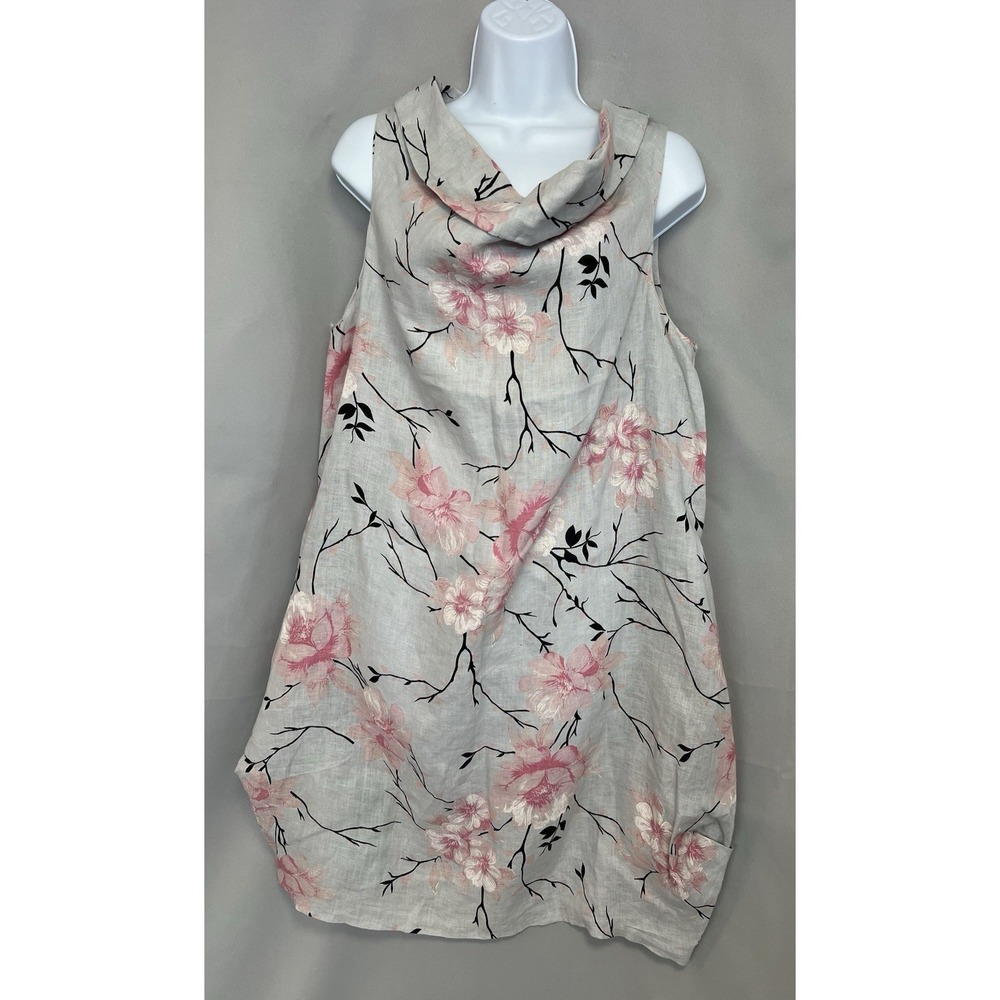 Luca Vanucci Floral Dress Gray Pink Floral 100% Linen Lagenlook size Large Italy